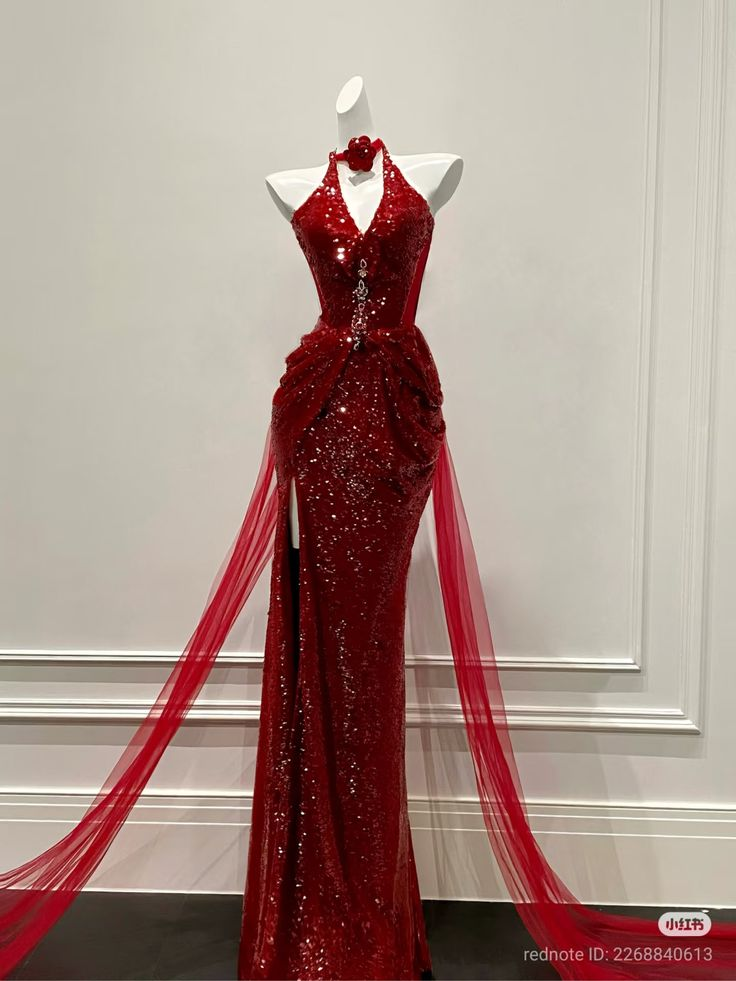 Sexy Halter Sequin Evening Dress Red Mermaid Slit Prom Dress