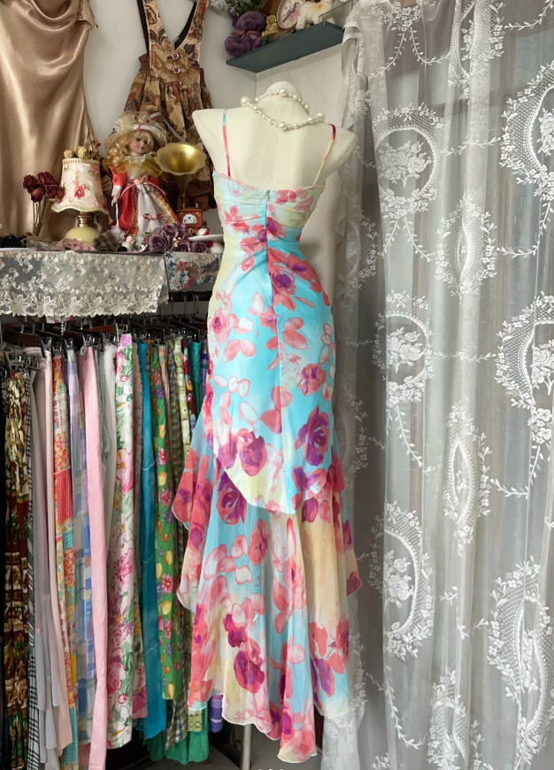 Unique Spaghetti Straps Chiffon Print Floral Ruffles Mermaid Evening Dress Long Birthday Prom Dress
