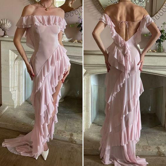 Sexy Pink Off Shoulder Chiffon Ruffles Party Dress Slit Prom Evening Gown