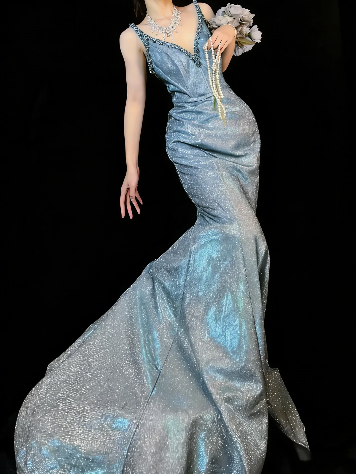 Glitter V Neckline Sequin Beaded Mermaid Party Dress Blue Long Evening Gown D4888