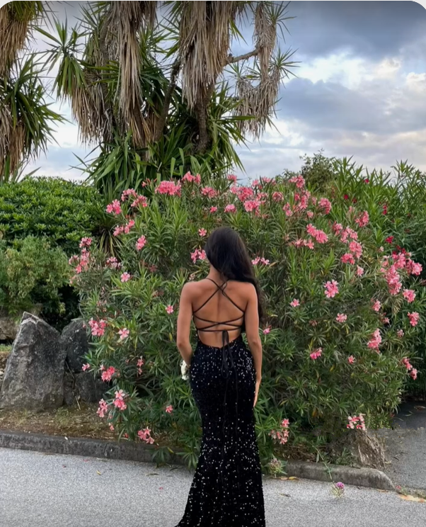 Shiny Black Sequins Long Evening Dress With Lace-up Back Y4946 - View 3 | VelvetHem