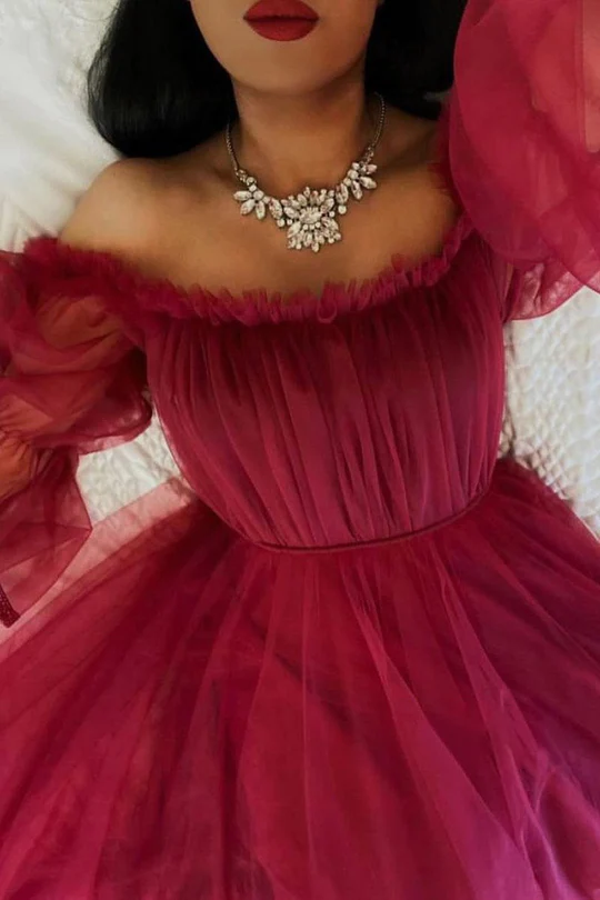 Burgundy Tulle Evening Dress With Long Sleeves Y503 - View 2 | VelvetHem