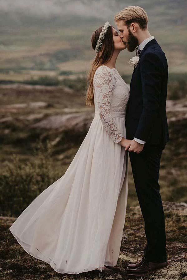A-Line Bateau Floor Length Chiffon Wedding Dress with Long Sleeves (ZD15390)