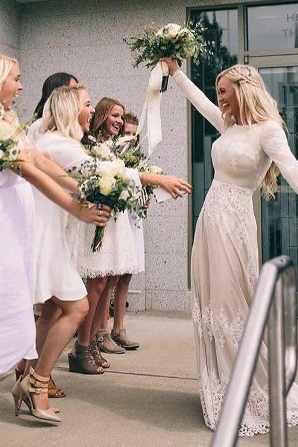 A-Line Bateau Long Sleeves Ivory Tulle Wedding Dress with Appliques (ZD15340)