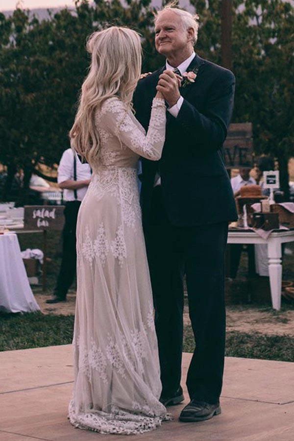A-Line Bateau Long Sleeves Ivory Tulle Wedding Dress with Appliques (ZD15340)