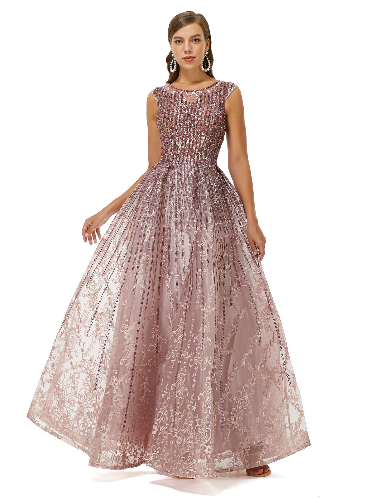 A-Line Beaded Jewel Appliques Lace Floor-Length cap sleeve Prom Dress
