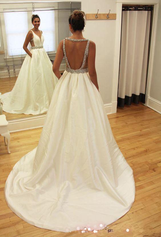 A-line Beads Sleeveless V-neck Sweep-Train Wedding Dress (ZD16067)