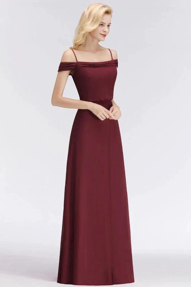 A-line Burgundy Bridesmaid Dress Off-the-shoulder Floor Length Party Dress (ZD13051)