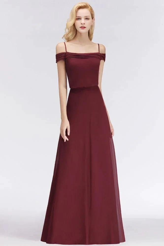 A-line Burgundy Bridesmaid Dress Off-the-shoulder Floor Length Party Dress (ZD13051)