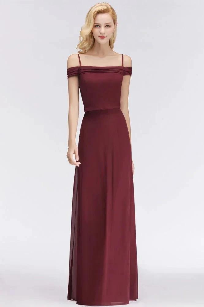A-line Burgundy Bridesmaid Dress Off-the-shoulder Floor Length Party Dress (ZD13051)