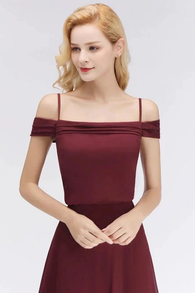 A-line Burgundy Bridesmaid Dress Off-the-shoulder Floor Length Party Dress (ZD13051)