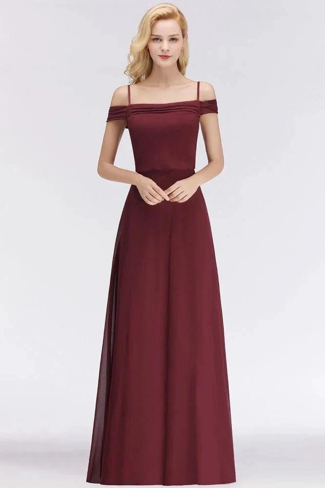 A-line Burgundy Bridesmaid Dress Off-the-shoulder Floor Length Party Dress (ZD13051)