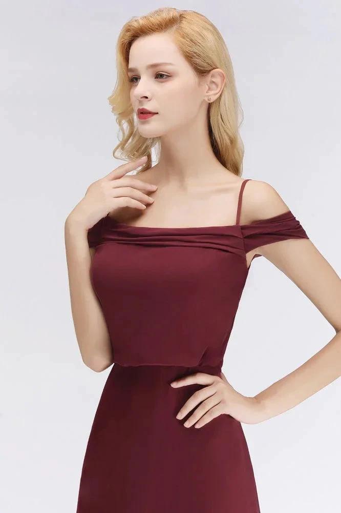 A-line Burgundy Bridesmaid Dress Off-the-shoulder Floor Length Party Dress (ZD13051)