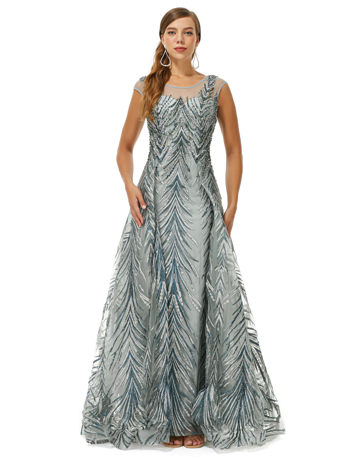 A-Line Cap Sleeve Jewel Appliques Lace Floor-Length Prom Dress