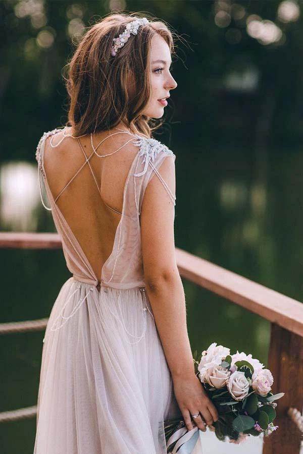 A-line Cap Sleeves Silver Long Tulle  Beach Wedding Dress (ZD15387)
