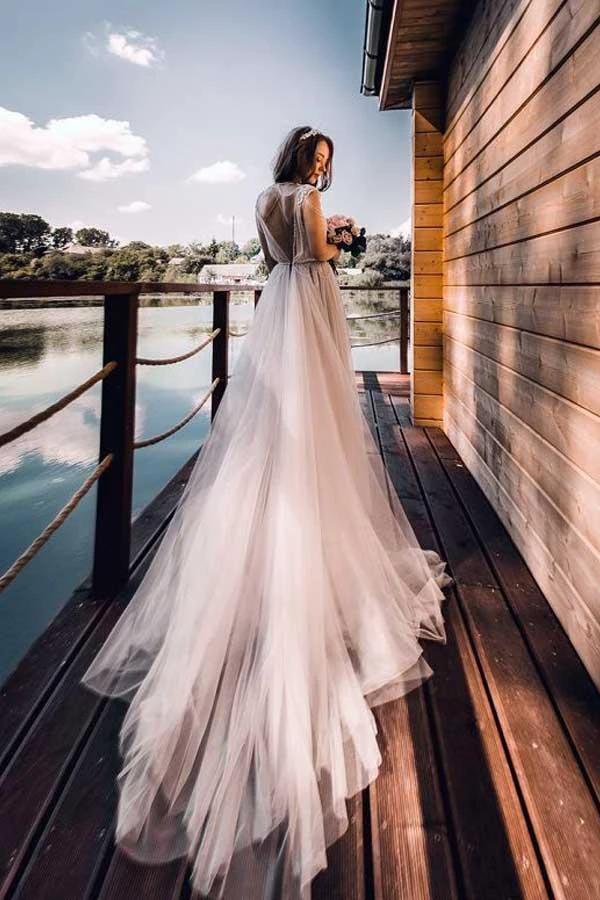A-line Cap Sleeves Silver Long Tulle  Beach Wedding Dress (ZD15387)