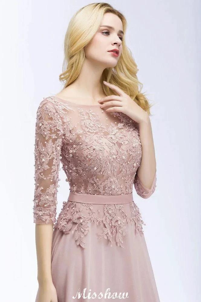 A-line Chiffon Appliques Bridesmaid Dresses Jewel Half-Sleeves Floor-Length Evening Gown with Sash (ZD12922)