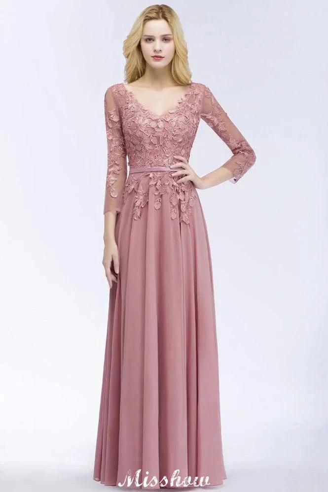 A-line Chiffon Floor-Length Bridesmaid Dress Appliques V-Neck Long-Sleeves Evening Dress by misshow.com