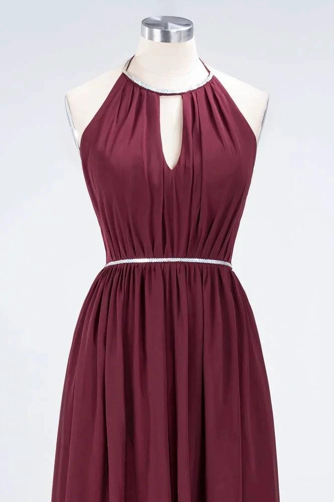 A-line Chiffon Halter Sleeveless Floor-Length Bridesmaid Dress with Beading Sash (ZD13115)