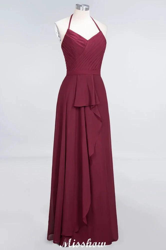 A-Line Chiffon Halter V-Neck Sleeveless Floor-Length Bridesmaid Dress with Ruffle (ZD12895)