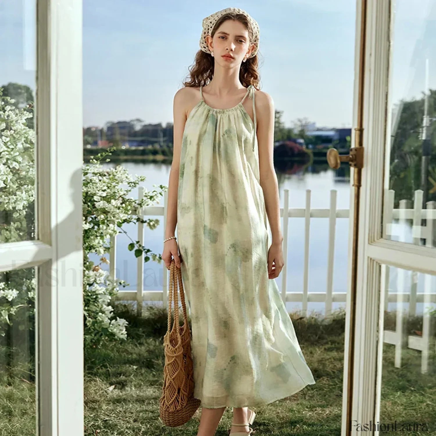 A-Line Chiffon Lace-Up Floral Dress