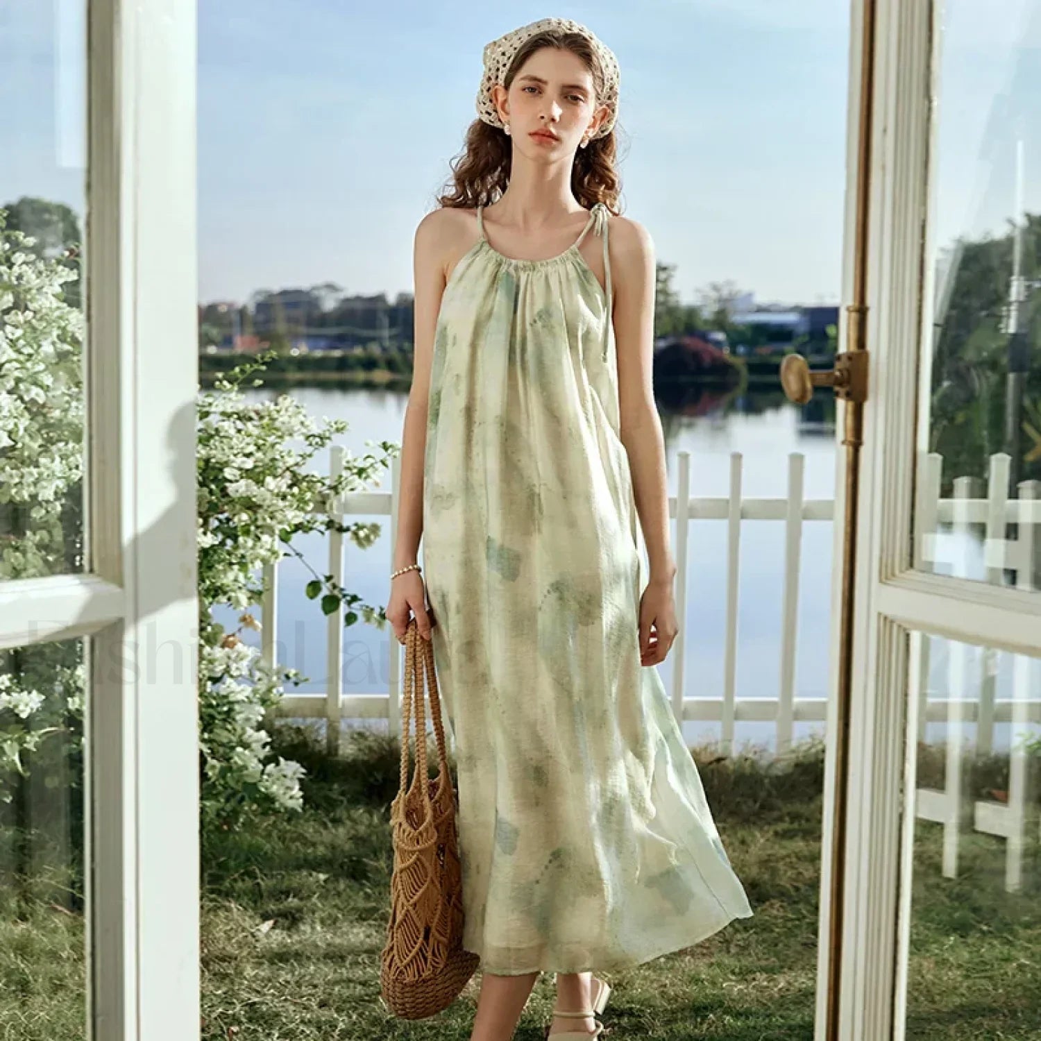 A-Line Chiffon Lace-Up Floral Dress