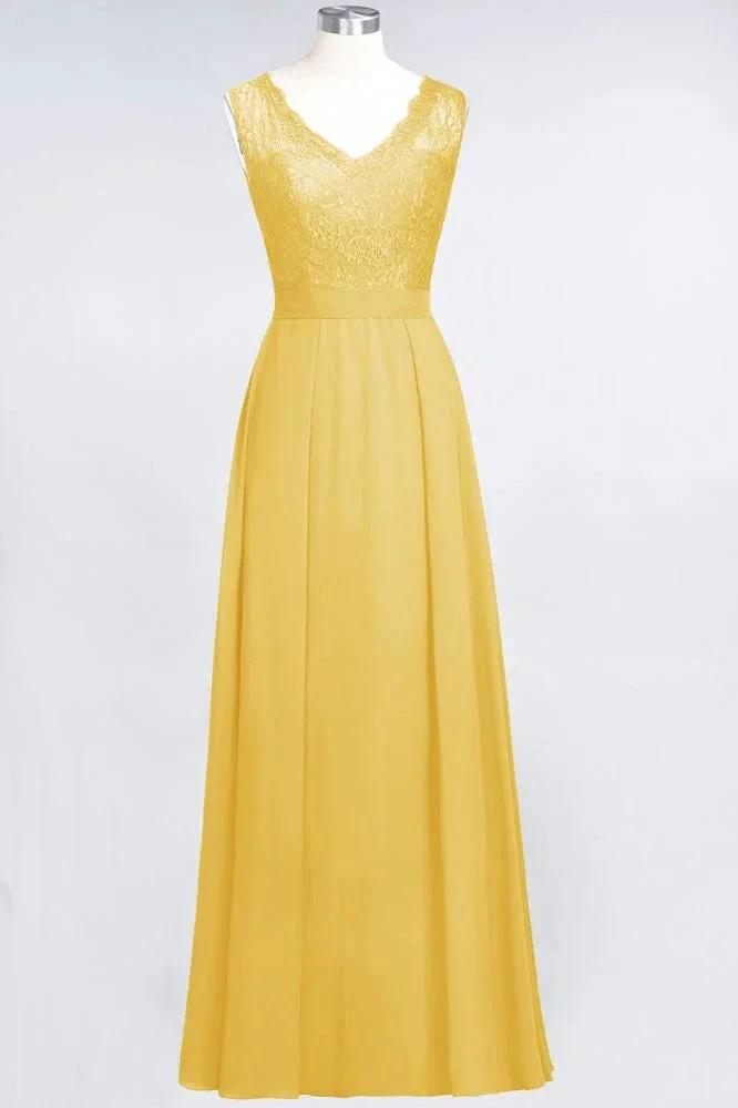 A-Line Chiffon Lace V-Neck Sleeveless Floor-Length Bridesmaid Dresses with Ruffles by misshow.com