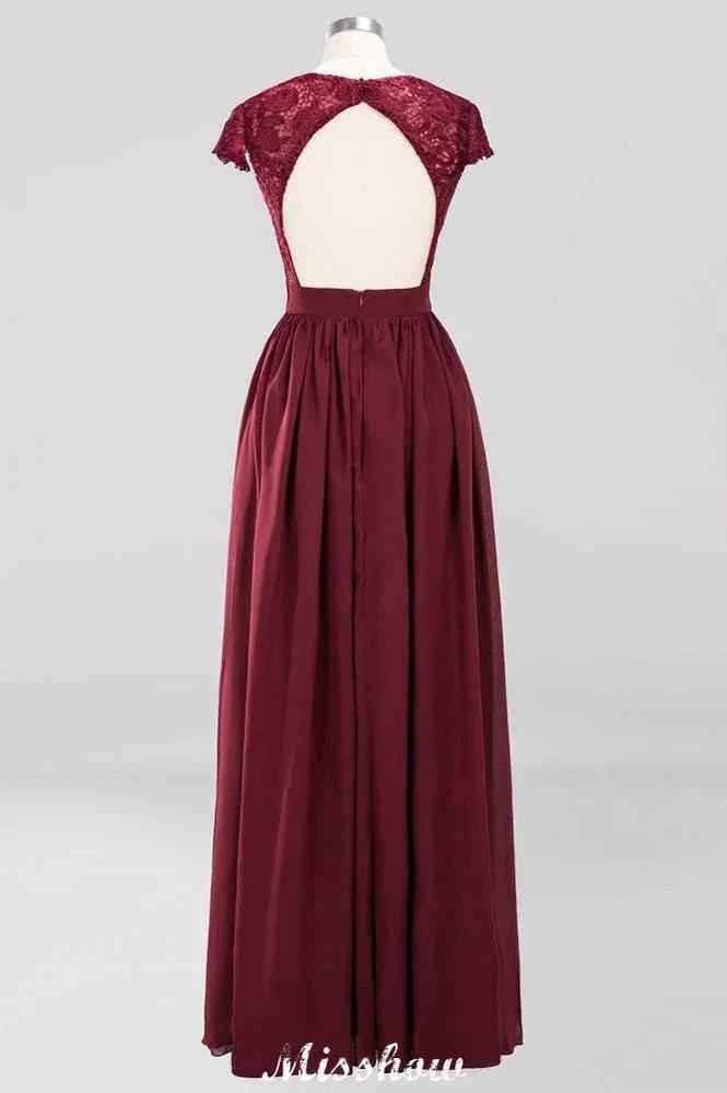 A-line Chiffon Lace V-Neck Sleeveless Floor-Length Bridesmaid Dresses with Ruffles (ZD12882)