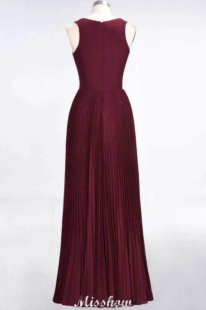 A-Line Chiffon V-Neck Sleeveless Bridesmaid Dress Floor-Length Ruffles Side Split Evening Gown (ZD12902)