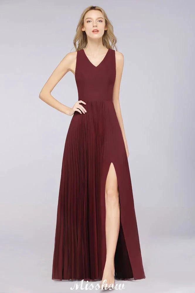 A-Line Chiffon V-Neck Sleeveless Bridesmaid Dress Floor-Length Ruffles Side Split Evening Gown (ZD12902)