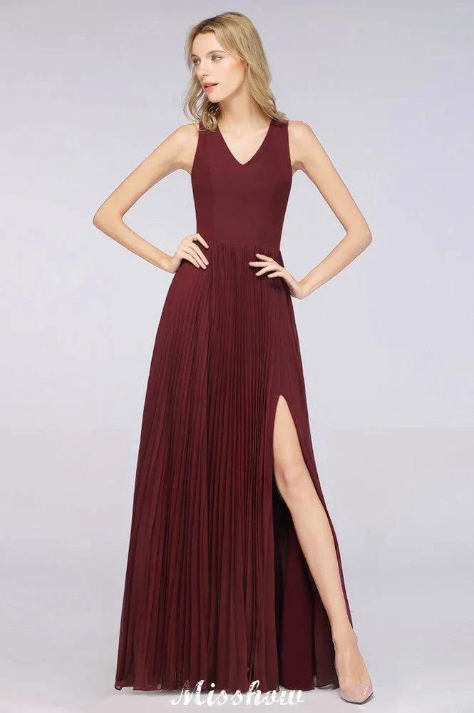 A-Line Chiffon V-Neck Sleeveless Bridesmaid Dress Floor-Length Ruffles Side Split Evening Gown (ZD12902)