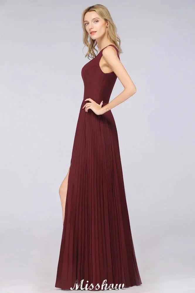 A-Line Chiffon V-Neck Sleeveless Bridesmaid Dress Floor-Length Ruffles Side Split Evening Gown (ZD12902)