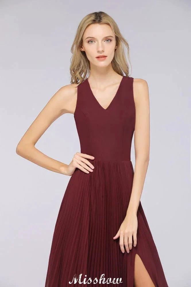 A-Line Chiffon V-Neck Sleeveless Bridesmaid Dress Floor-Length Ruffles Side Split Evening Gown (ZD12902)