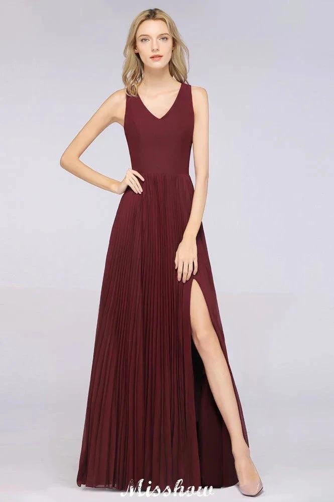A-Line Chiffon V-Neck Sleeveless Bridesmaid Dress Floor-Length Ruffles Side Split Evening Gown by misshow.com
