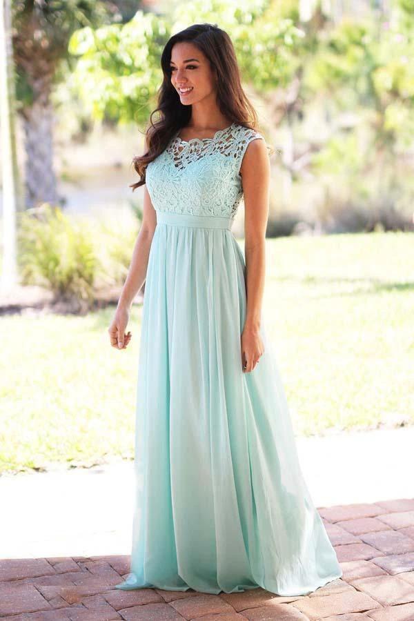 A-Line Crew Floor-Length Mint Chiffon Bridesmaid Dress with Lace (ZD13217)