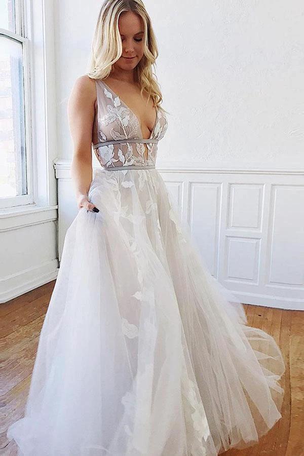 A Line Deep V-Neck Backless White Wedding Dress With Appliques (ZD15315)
