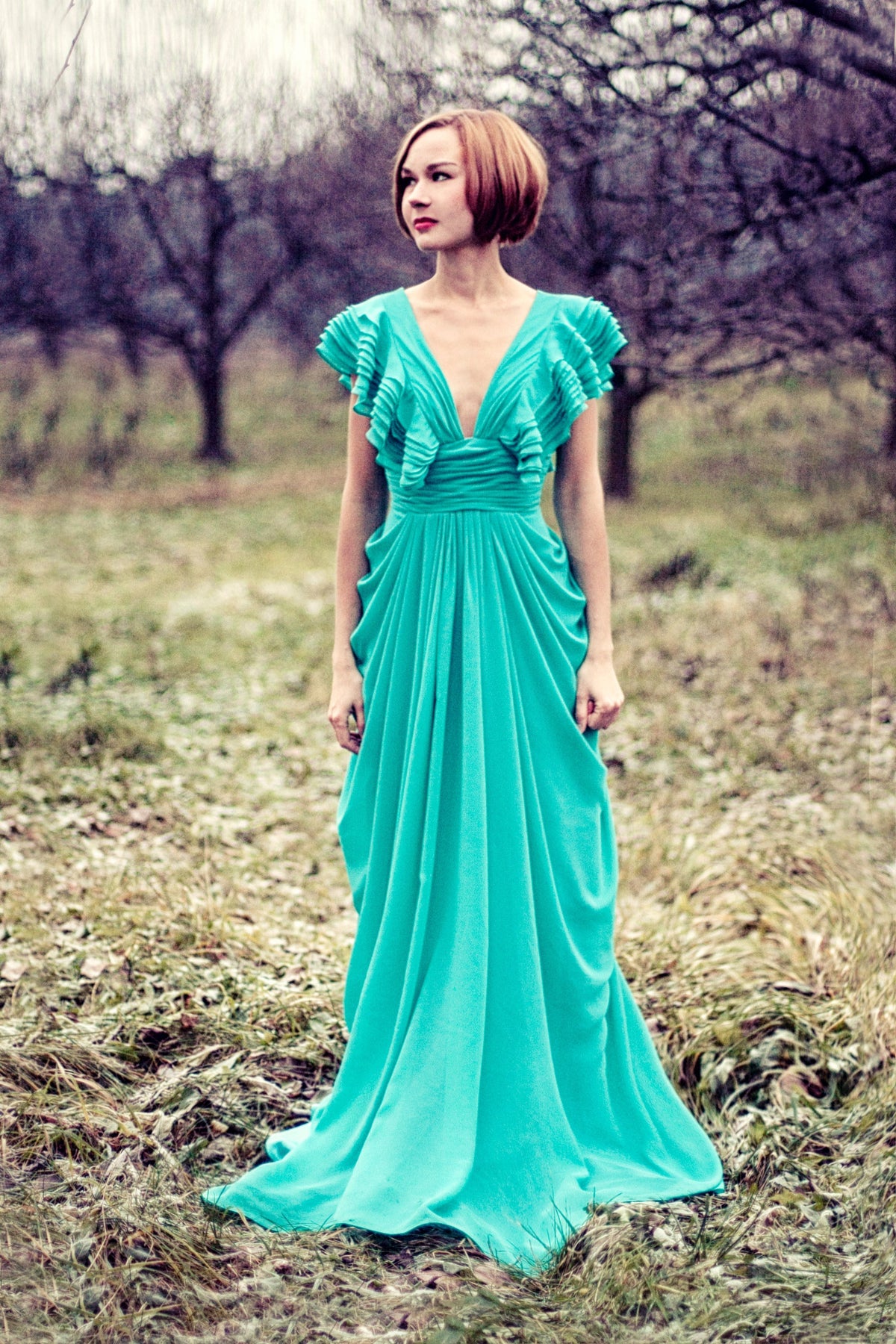 A-Line Deep V-Neck Floor-Length Chiffon Backless Prom Dress