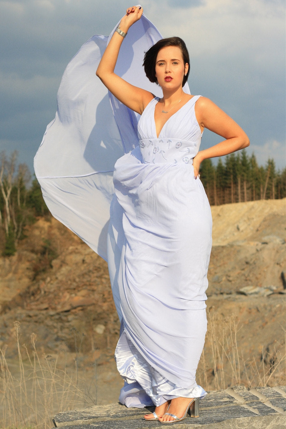 A-Line Deep V-Neck Floor-Length Chiffon Beading Backless Wedding Dress