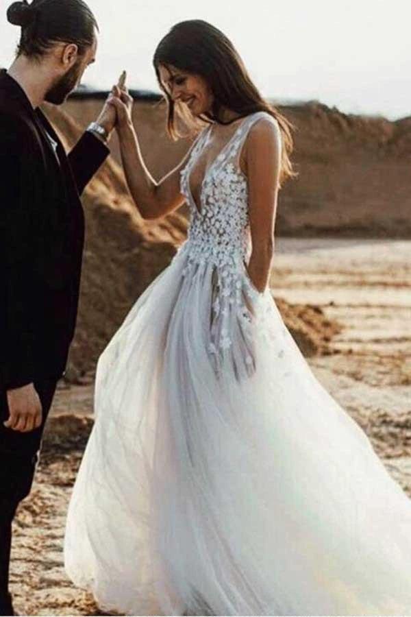 A-Line Deep V-Neck Tulle Wedding Dress with Appliques Split (ZD16331)