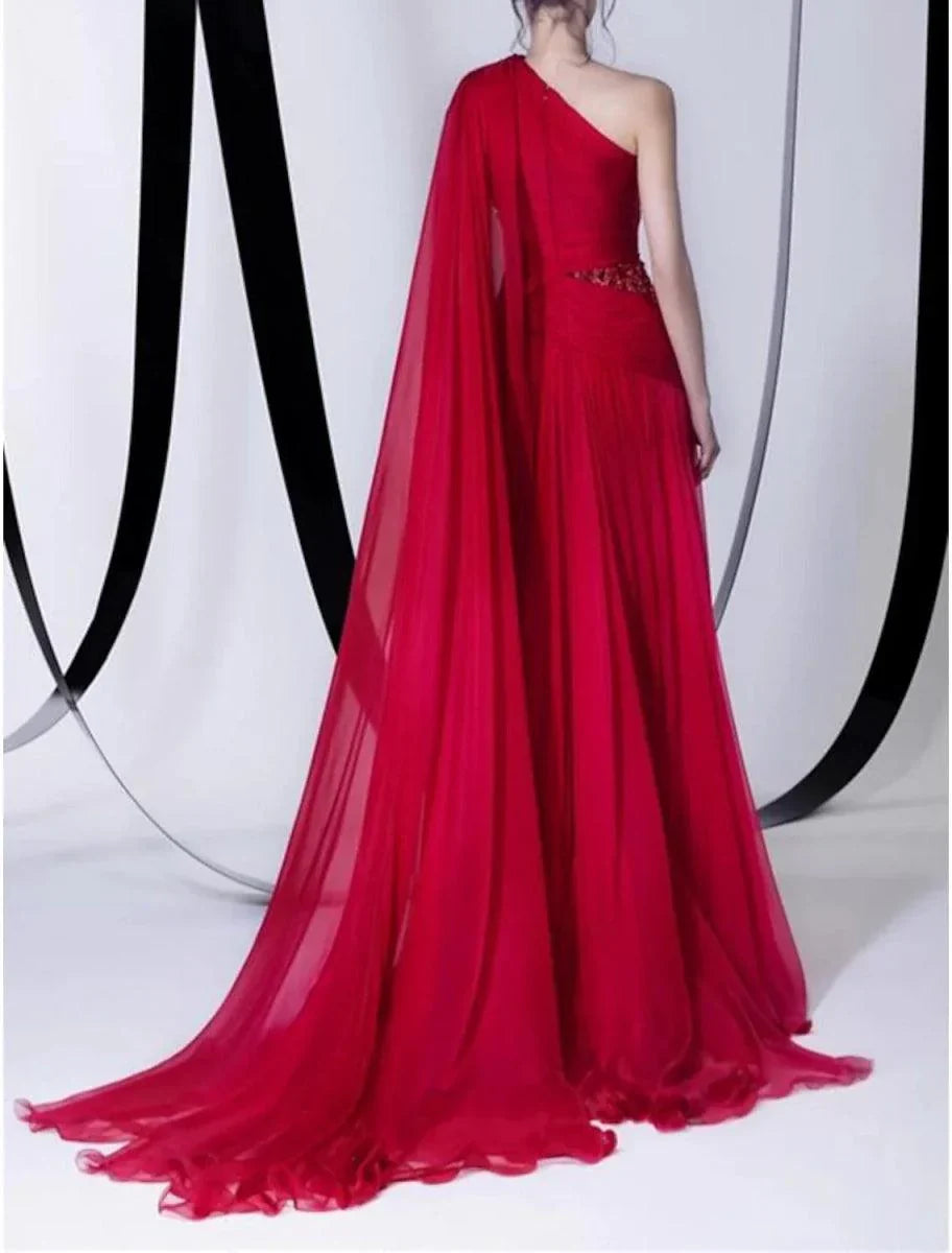 A-Line Empire Sexy Wedding Guest Formal Evening Dress One Shoulder Sleeveless Court Train Chiffon with Beading Slit - View 2 | VelvetHem