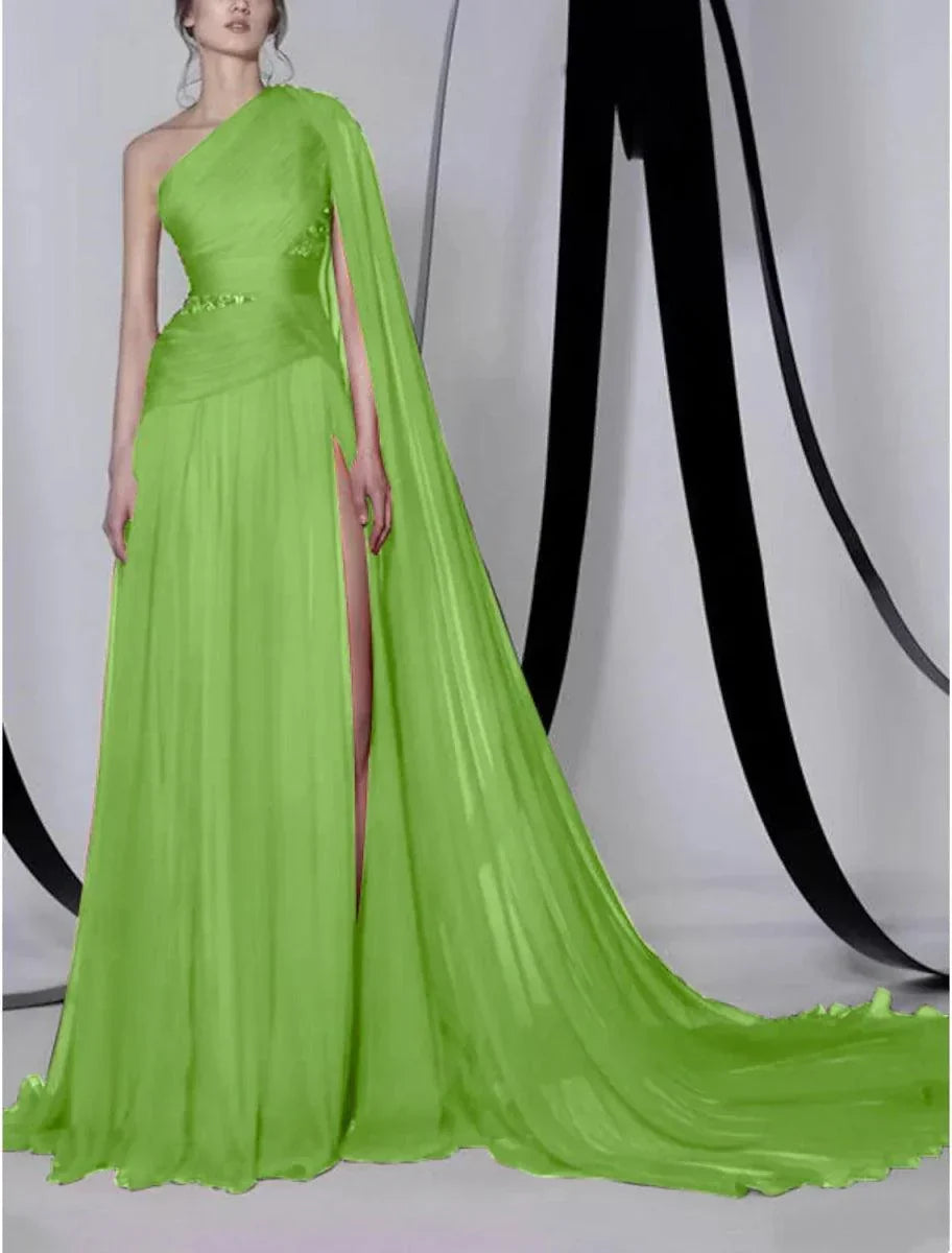 A-Line Empire Sexy Wedding Guest Formal Evening Dress One Shoulder Sleeveless Court Train Chiffon with Beading Slit - View 3 | VelvetHem