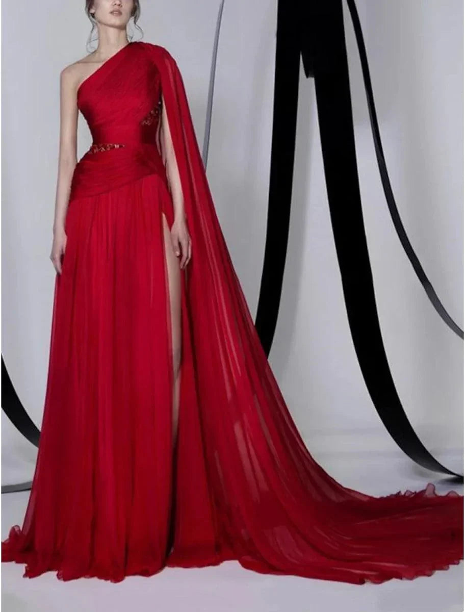 A-Line Empire Sexy Wedding Guest Formal Evening Dress One Shoulder Sleeveless Court Train Chiffon with Beading Slit - VelvetHem