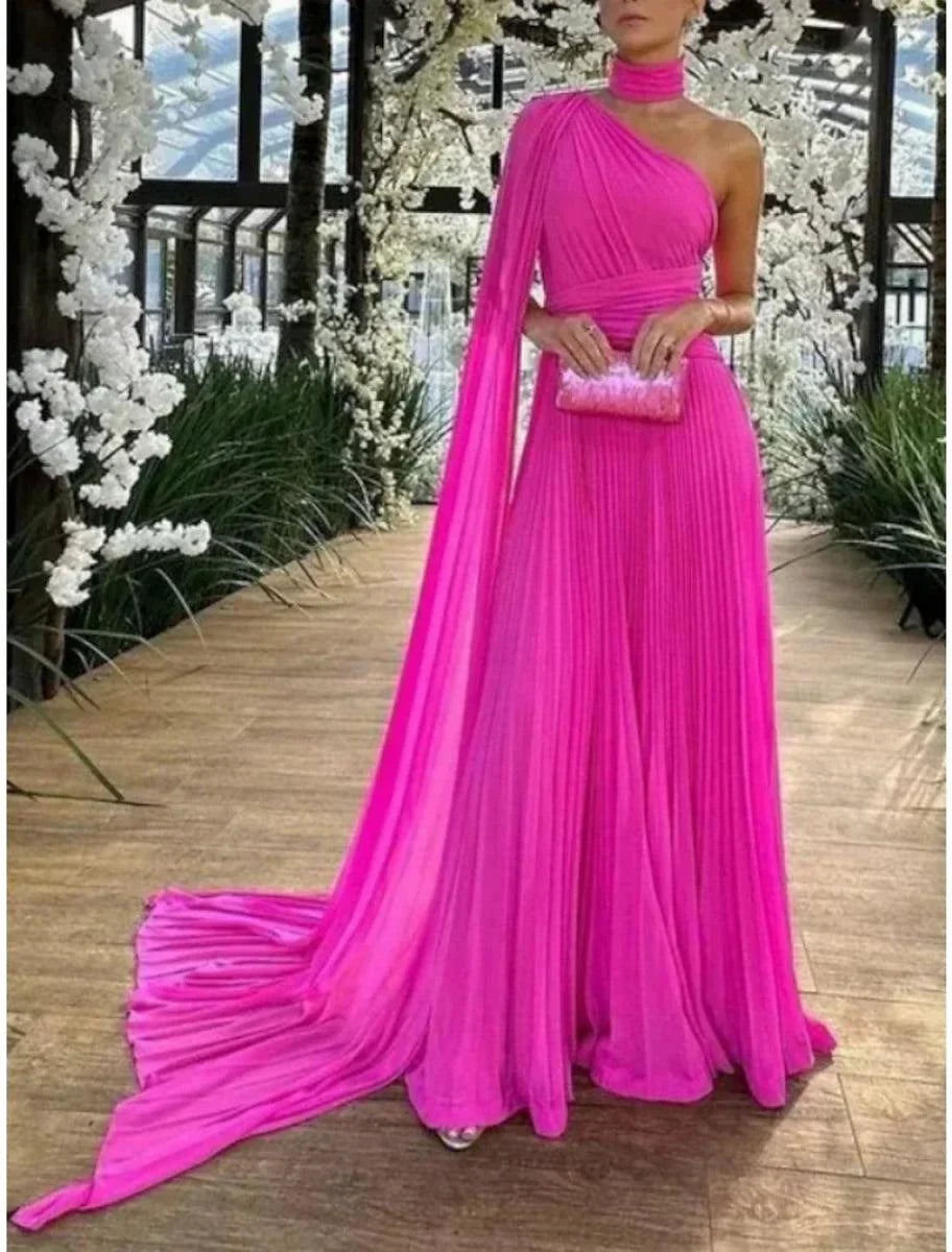 A-Line Evening Gown Elegant Dress Formal Sweep / Brush Train Sleeveless One Shoulder Chiffon with Pleats Ruched - VelvetHem
