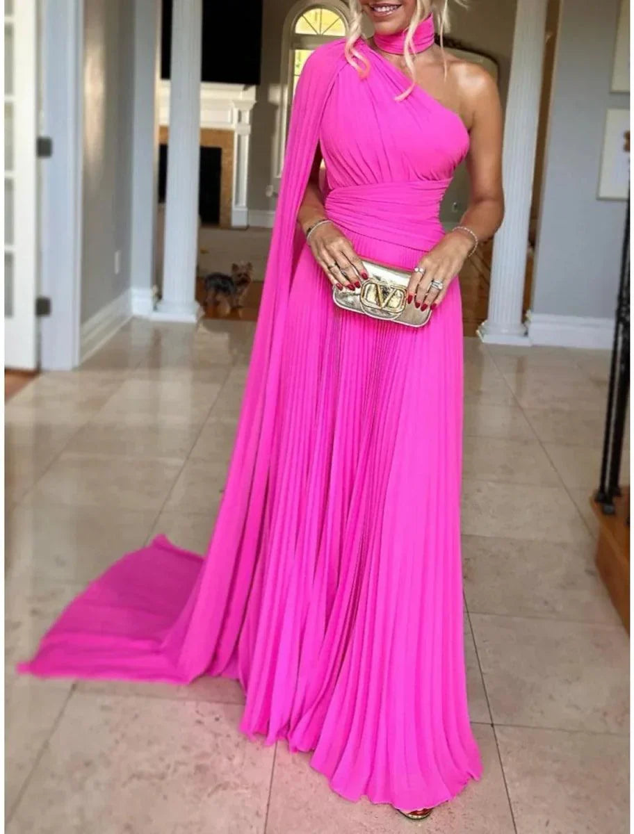 A-Line Evening Gown Elegant Dress Formal Sweep / Brush Train Sleeveless One Shoulder Chiffon with Pleats Ruched - View 2 | VelvetHem