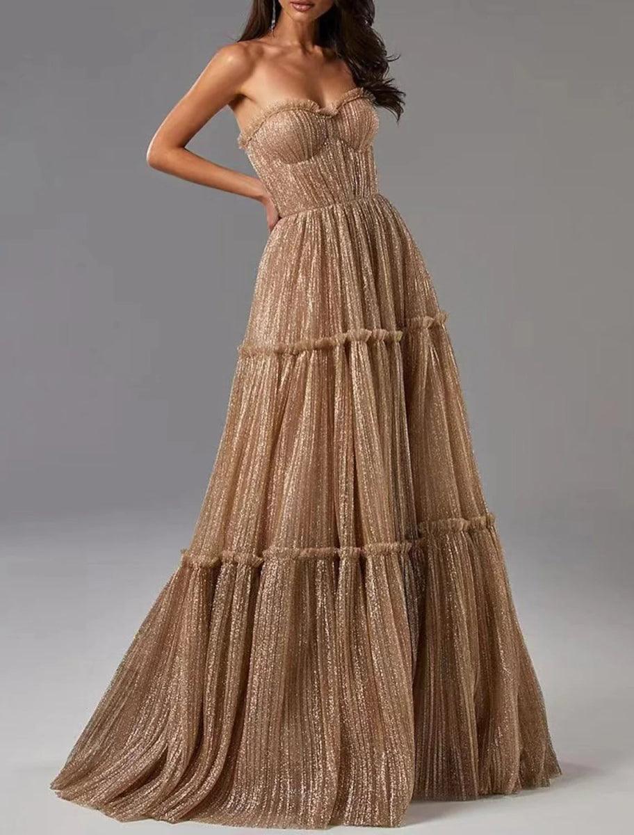 Sunnderly A-Line Evening Gown Glittering Dress Formal Wedding Guest Floor Length Sleeveless Strapless Tulle with Pleats - VelvetHem