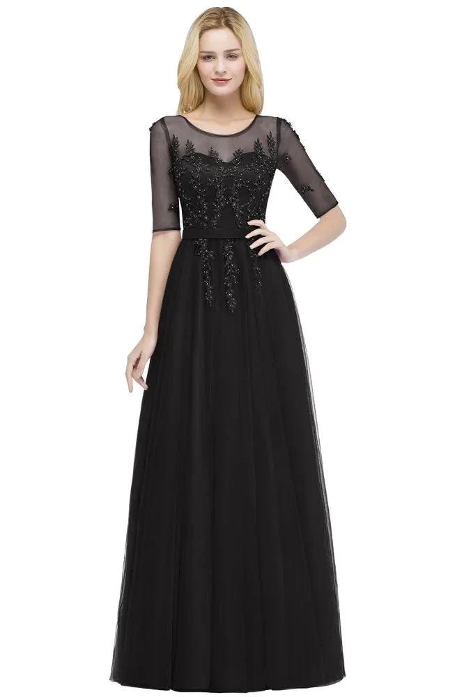 A-line Floor Length Appliques Tulle Bridesmaid Dress Half Sleeve Evening Dress by misshow.com