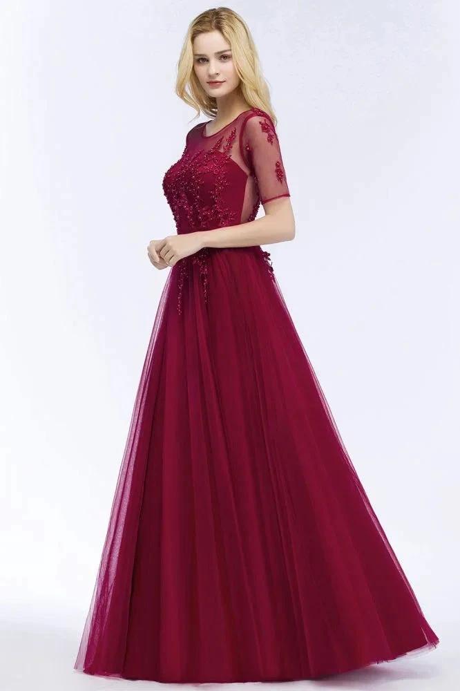 A-line Floor Length Appliques Tulle Bridesmaid Dress Half Sleeve Evening Dress (ZD13025)