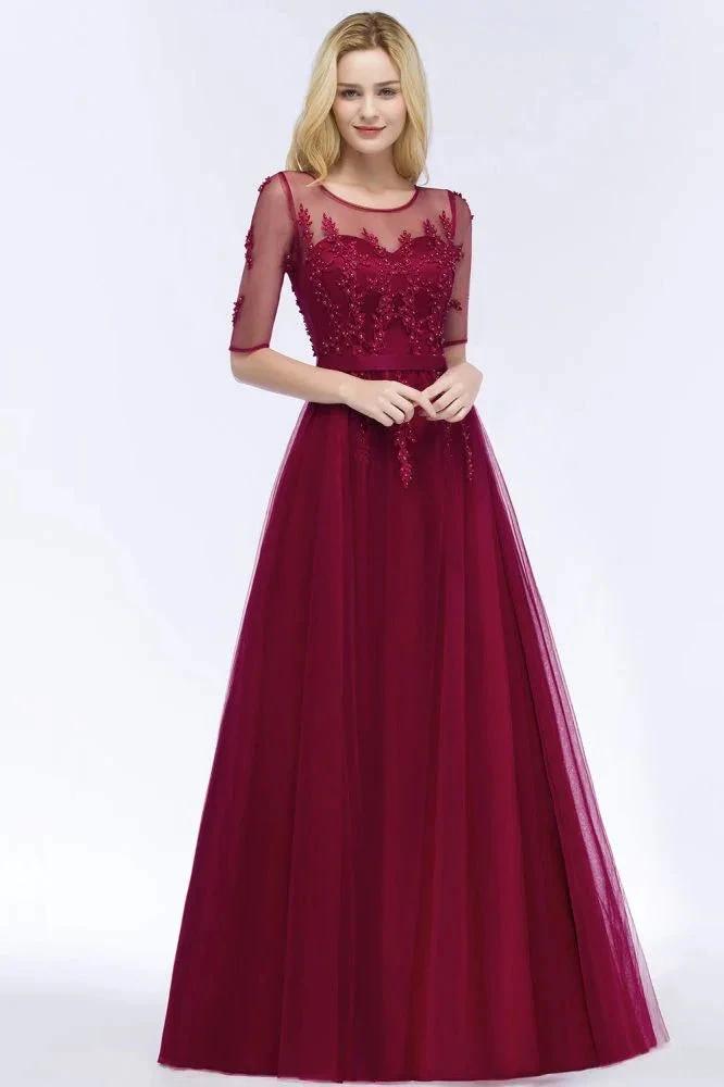 A-line Floor Length Appliques Tulle Bridesmaid Dress Half Sleeve Evening Dress by misshow.com