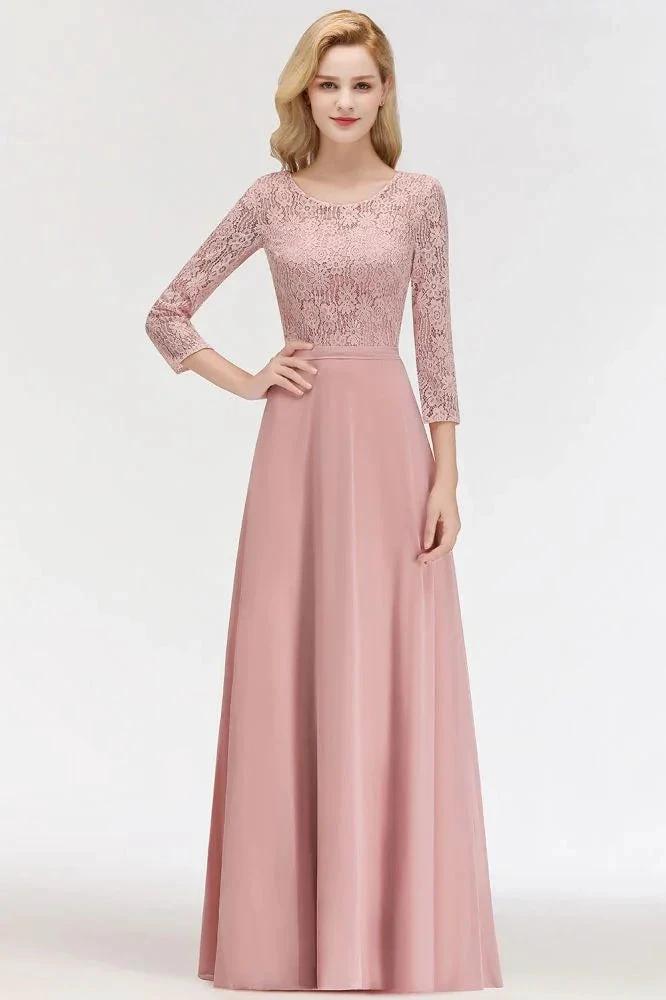 A-line Floor Length Lace Chiffon Bridesmaid Dresses with Sleeves (ZD13033)