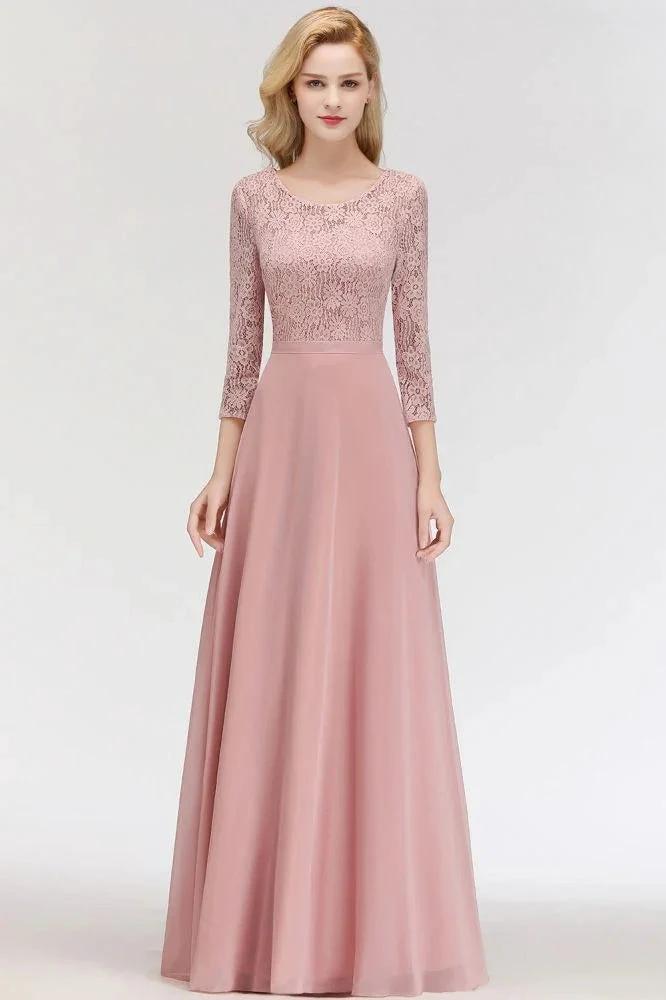 A-line Floor Length Lace Chiffon Bridesmaid Dresses with Sleeves (ZD13033)